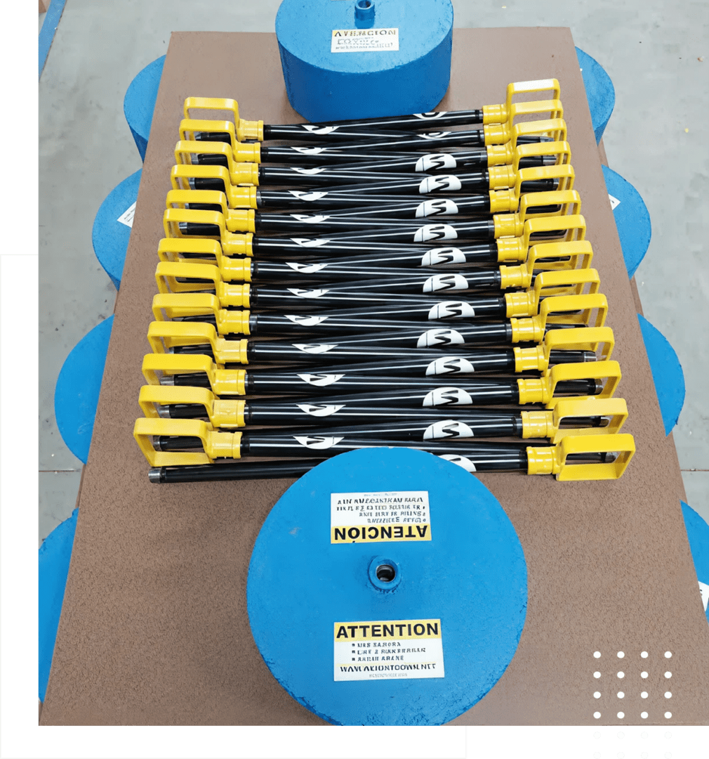 Yellow-handled tools arranged on blue circular bases.