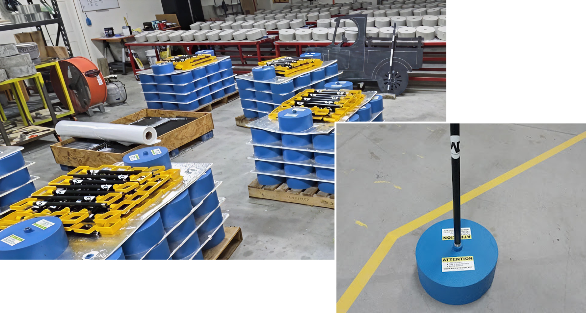 Warehouse with stacked blue and yellow equipment.